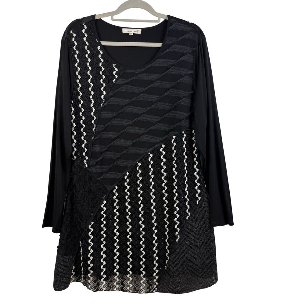 Indigo Soul Black Crochet Jersey Knit Tunic Top XL Lagenlook Mixed Print Media